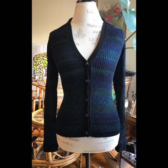 INTERMIX “Sienna” NWTs Striped Cardigan Buttons Collar Black Blue Green … - Picture 4 of 13